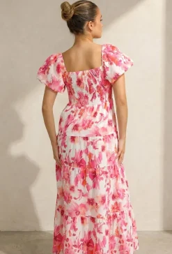 Roze Bloemen Maxi Jurk met Pofmouwen en Gesmokte Taille