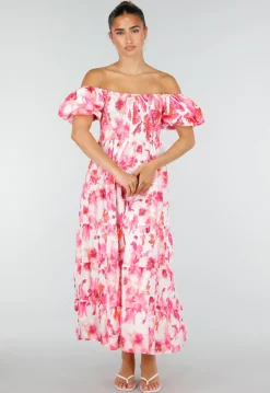 Roze Bloemen Maxi Jurk met Pofmouwen en Gesmokte Taille