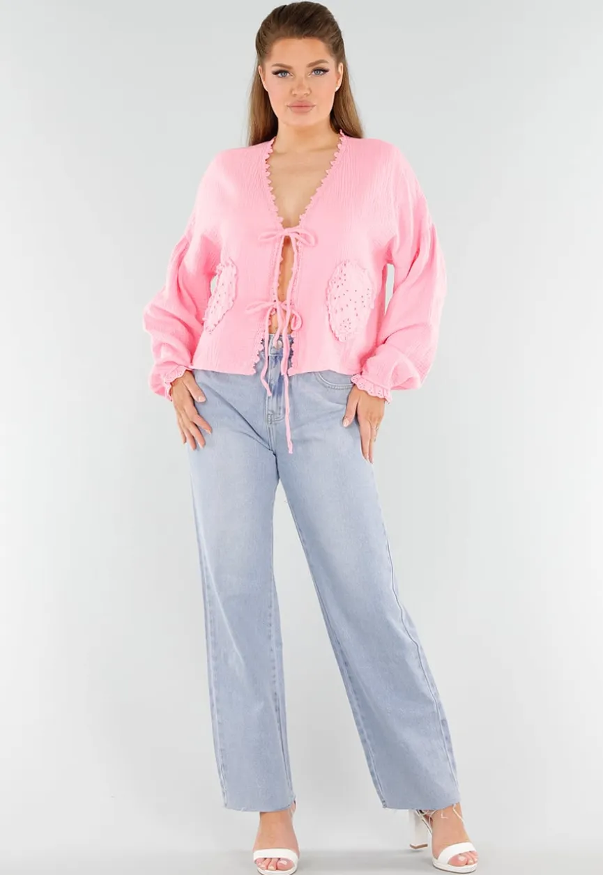Roze Blouse met Hartzakken en Knooplint Detail