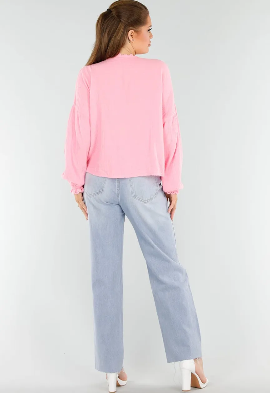Roze Blouse met Hartzakken en Knooplint Detail