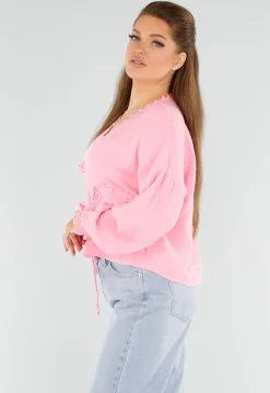 Roze Blouse met Hartzakken en Knooplint Detail