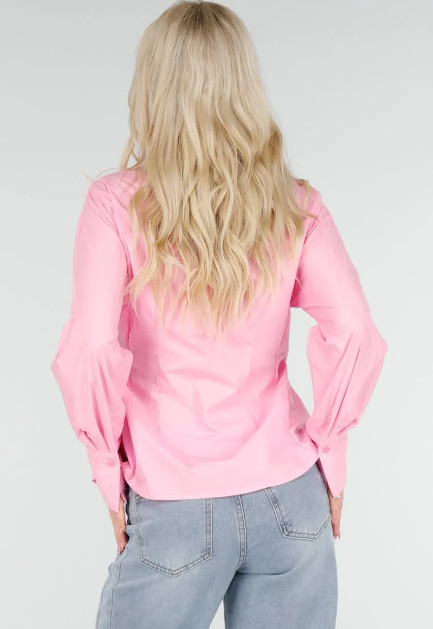 Roze Blouse met Lange Mouwen en Stropdasdetail