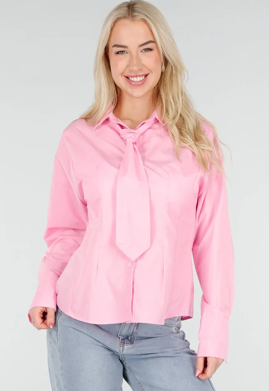 Roze Blouse met Lange Mouwen en Stropdasdetail