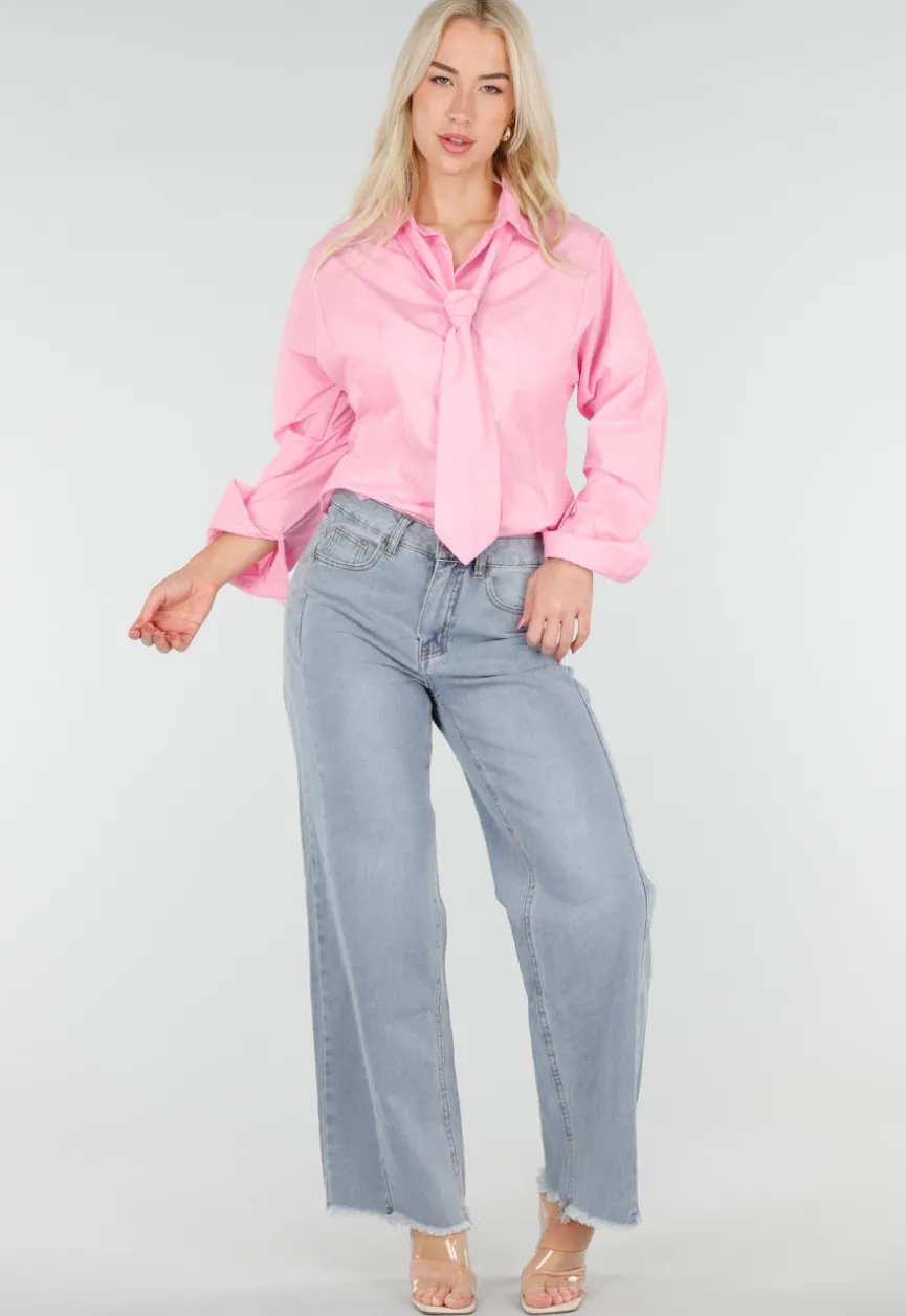 Roze Blouse met Lange Mouwen en Stropdasdetail