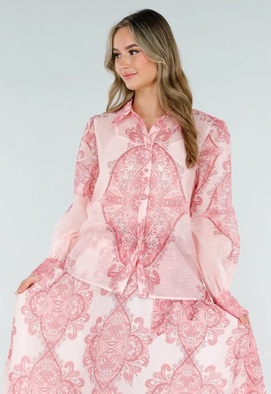 Roze Blouse met Paisley Print en Knopen
