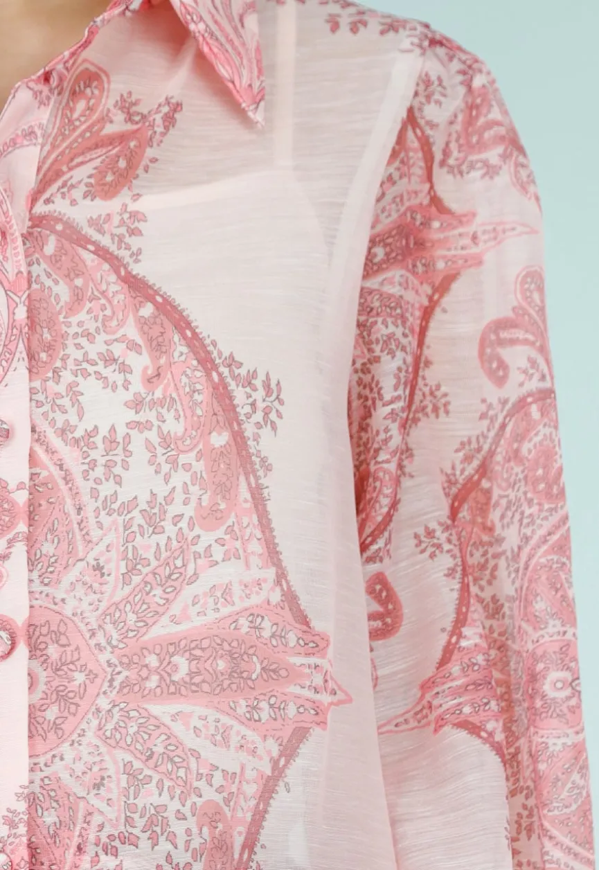 Roze Blouse met Paisley Print en Knopen