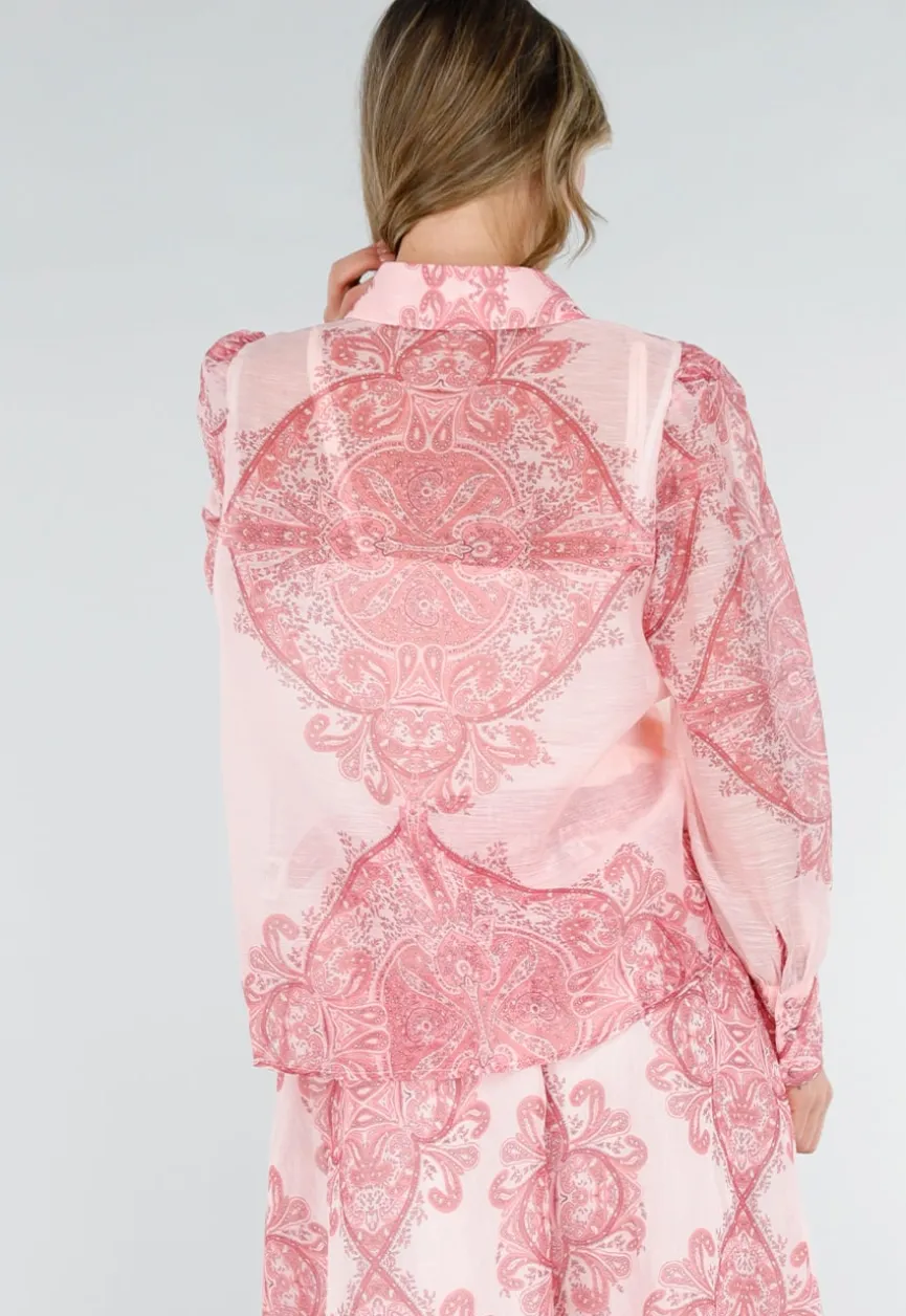Roze Blouse met Paisley Print en Knopen