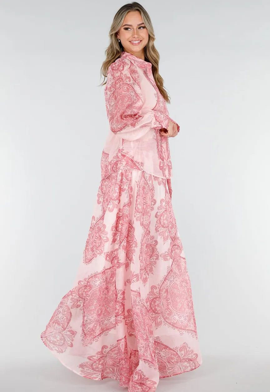 Roze Blouse met Paisley Print en Knopen