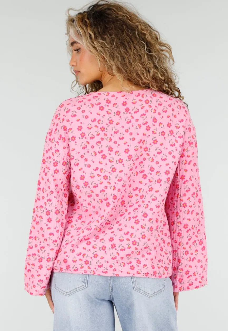 Roze Blouse met Rode Bloemenprint en Striksluiting Voor