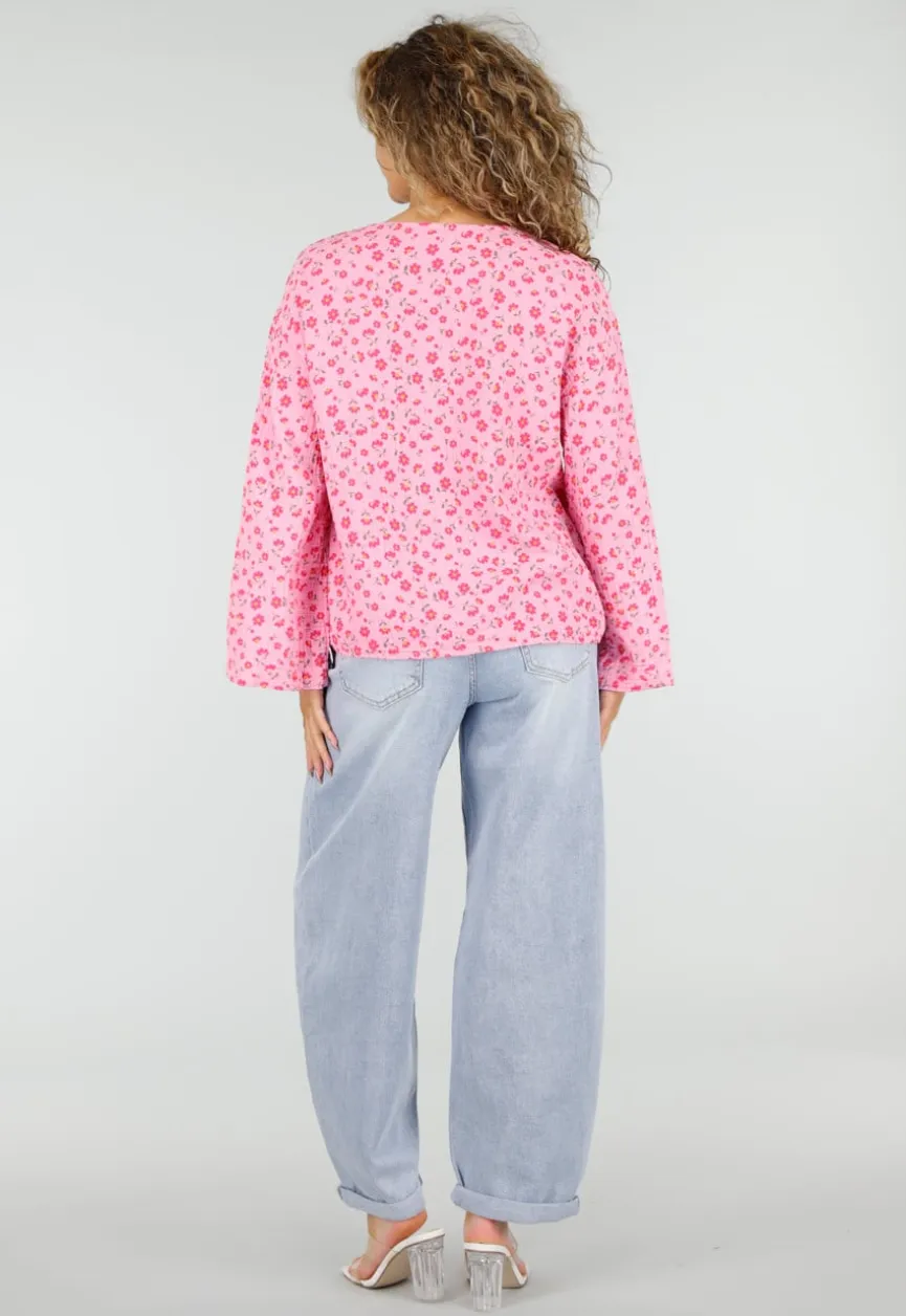 Roze Blouse met Rode Bloemenprint en Striksluiting Voor