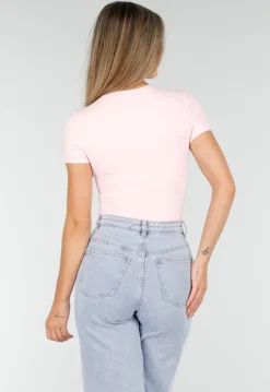 Roze Bodysuit met Korte Mouwen en String Achterkant