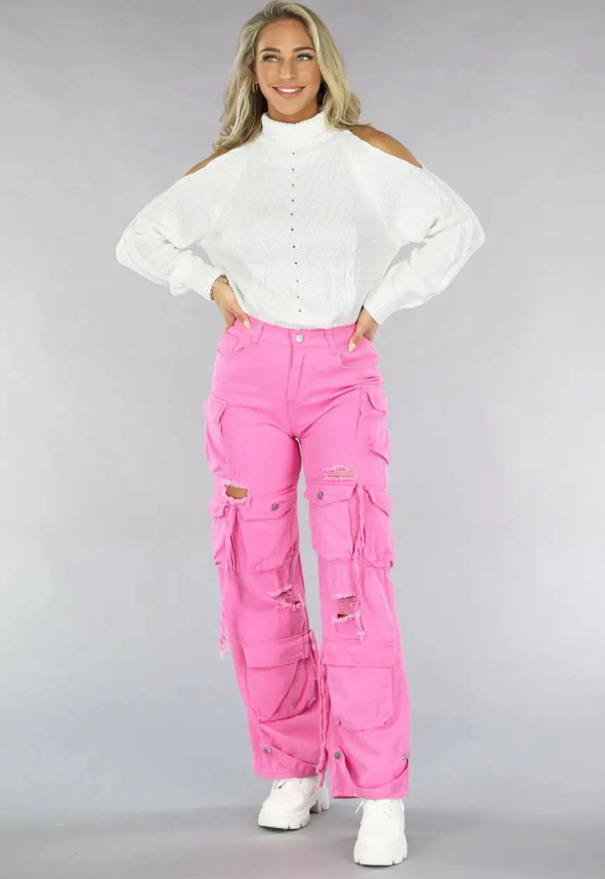 Roze Cargo Jeans met Gaten