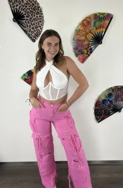 Roze Cargo Jeans met Gaten