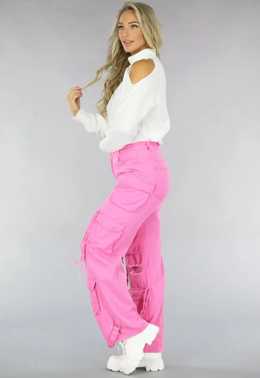 Roze Cargo Jeans met Gaten