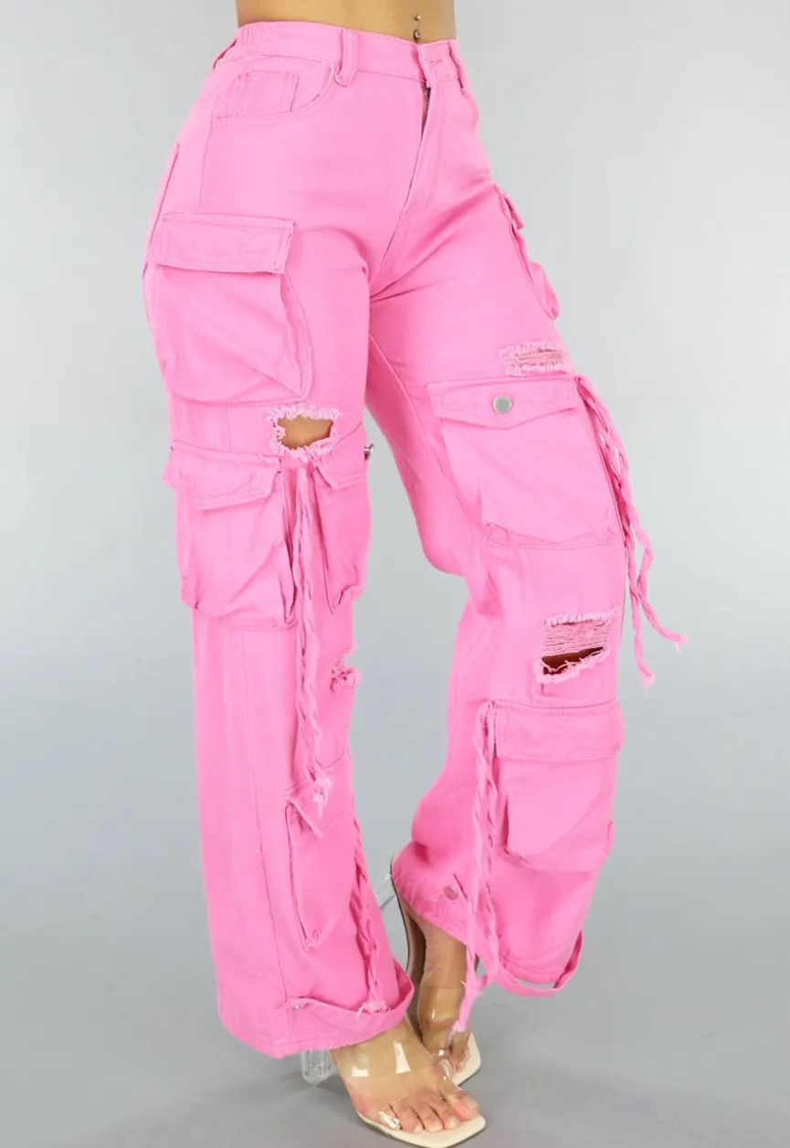 Roze Cargo Jeans met Gaten