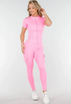 Roze Cargo Trainingspak met Scrunch, Korte Mouwen en Rits