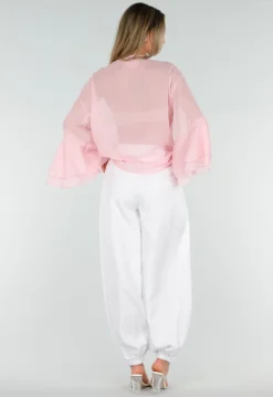 Roze Chiffon Blouse met Ruches en Knoopsluiting