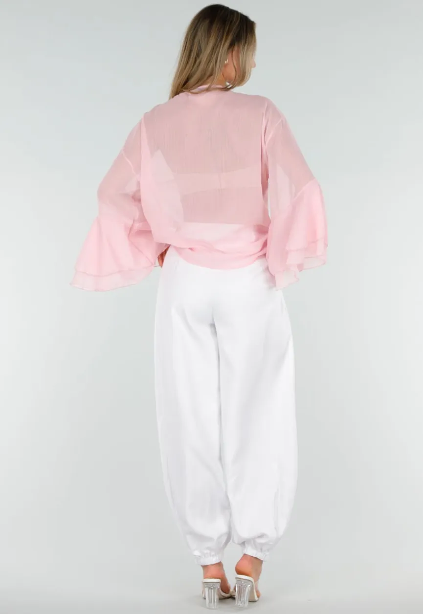Roze Chiffon Blouse met Ruches en Knoopsluiting