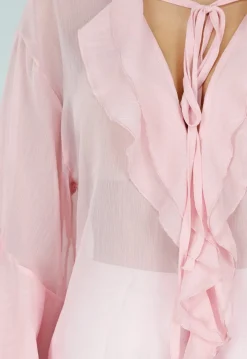 Roze Chiffon Blouse met Ruches en Knoopsluiting