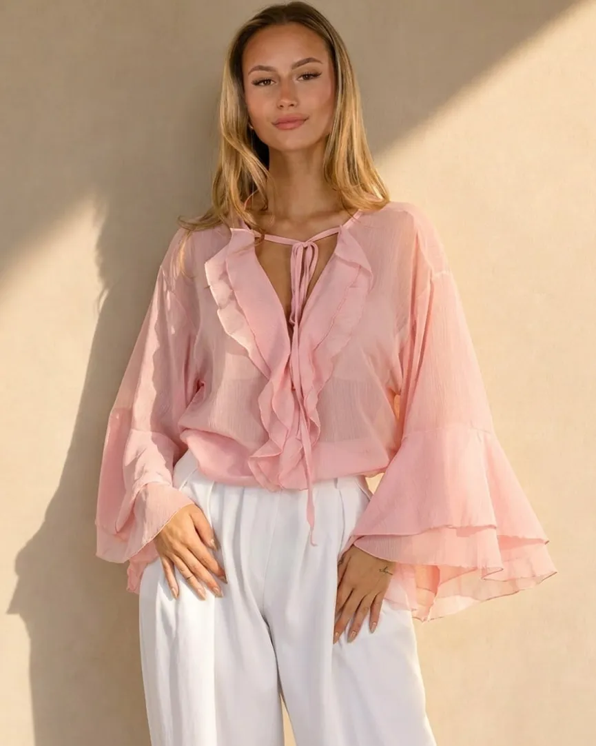 Roze Chiffon Blouse met Ruches en Knoopsluiting