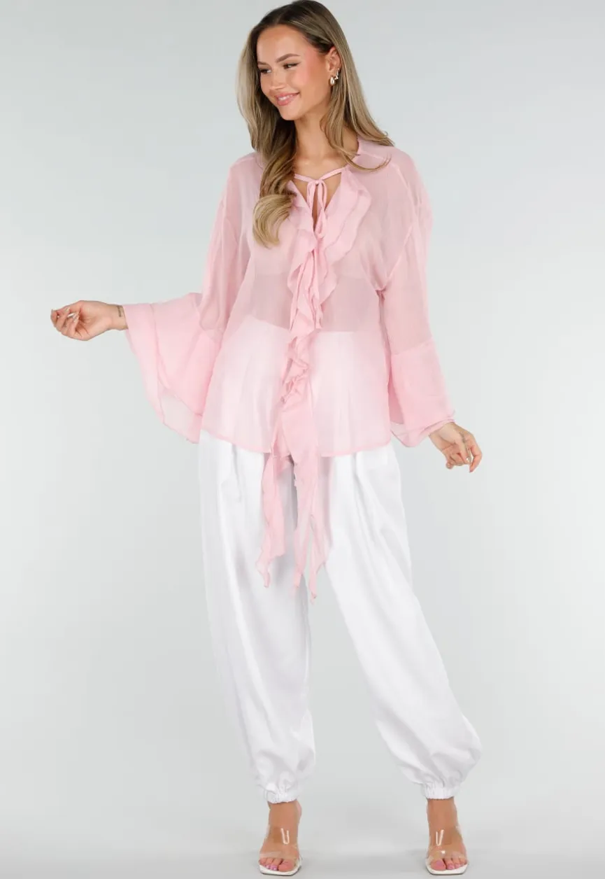 Roze Chiffon Blouse met Ruches en Knoopsluiting