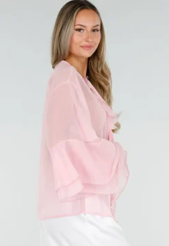Roze Chiffon Blouse met Ruches en Knoopsluiting