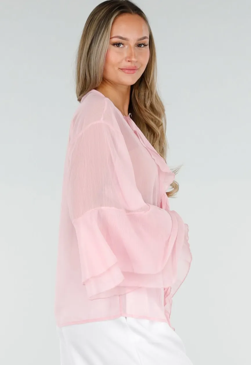 Roze Chiffon Blouse met Ruches en Knoopsluiting