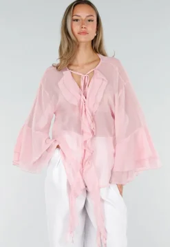 Roze Chiffon Blouse met Ruches en Knoopsluiting