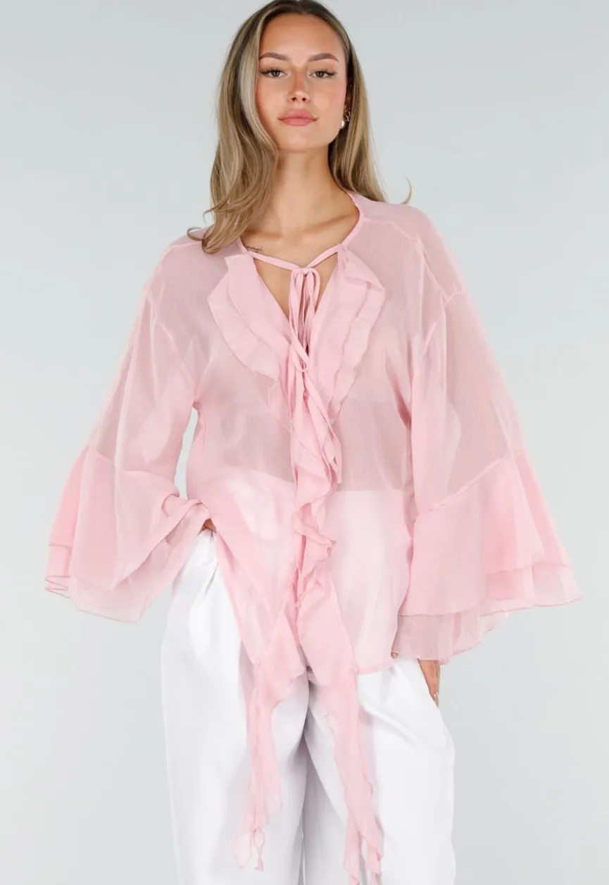 Roze Chiffon Blouse met Ruches en Knoopsluiting