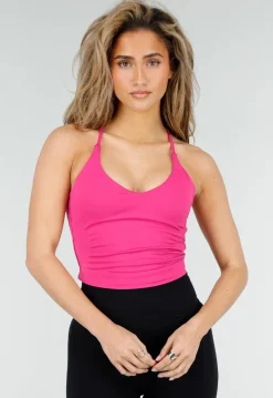 Roze Crop Top met Pads en Gekruiste Rug