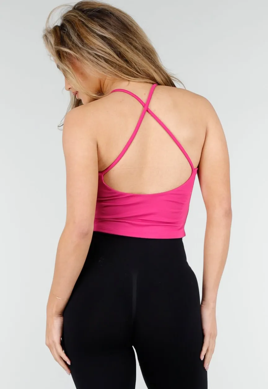 Roze Crop Top met Pads en Gekruiste Rug