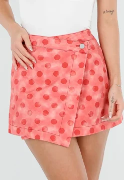 Roze Denim Rok met Rode Stippen en Overslag Sluiting