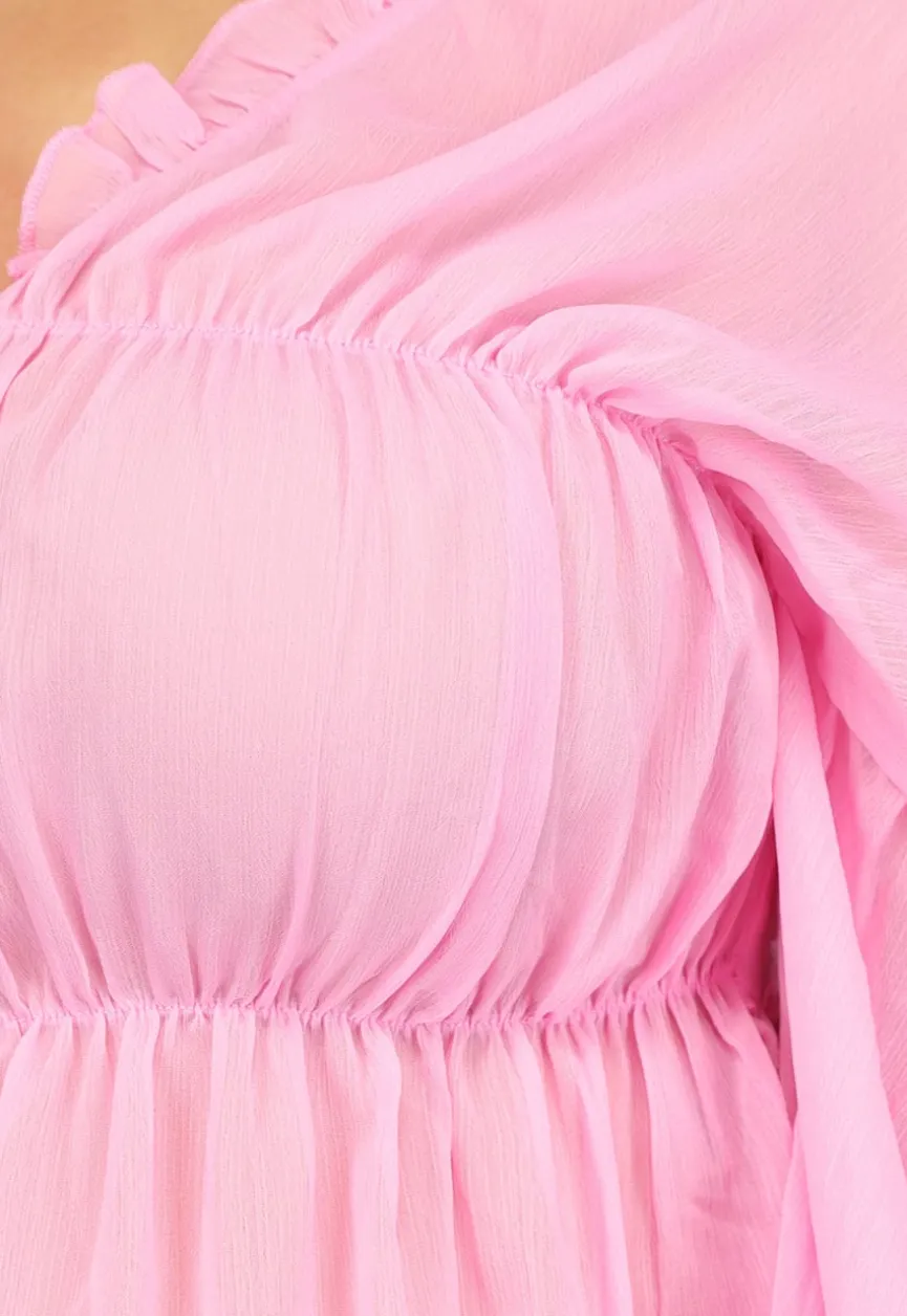 Roze Doorschijnende Blouse met Strikdetail