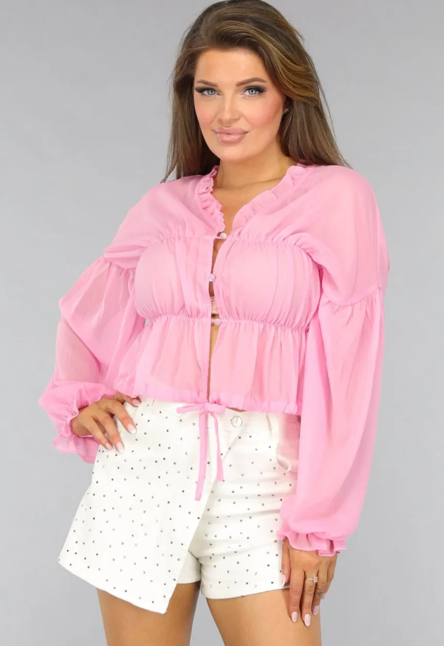 Roze Doorschijnende Blouse met Strikdetail