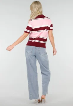 Roze en Bordeauxrode Gestreepte Polo Top met Korte Mouwen