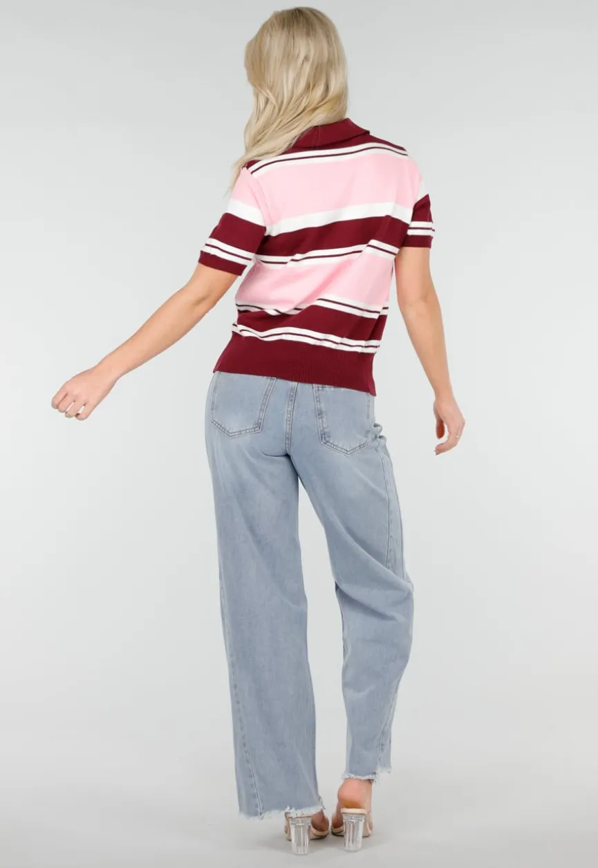Roze en Bordeauxrode Gestreepte Polo Top met Korte Mouwen
