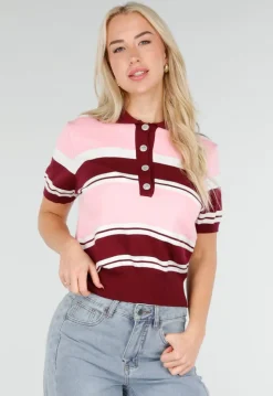 Roze en Bordeauxrode Gestreepte Polo Top met Korte Mouwen