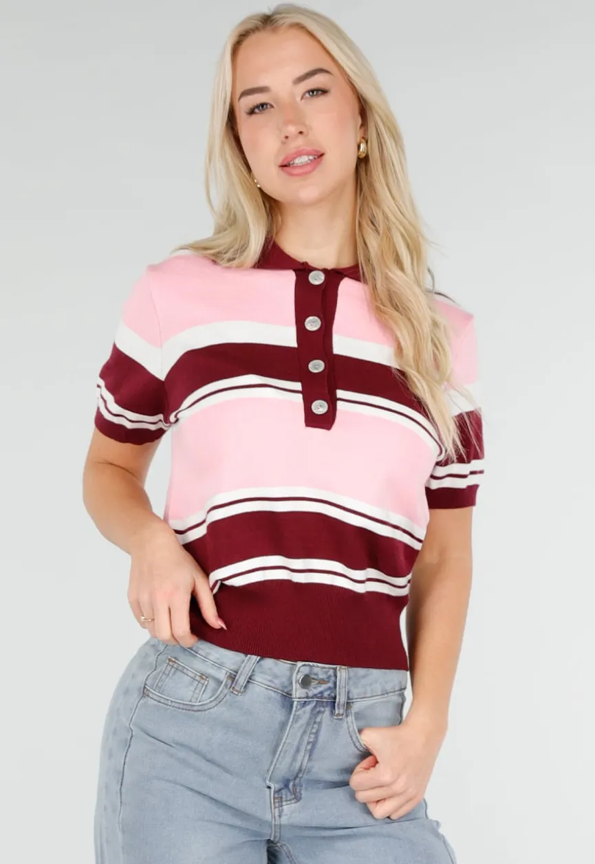 Roze en Bordeauxrode Gestreepte Polo Top met Korte Mouwen