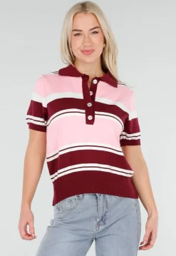Roze en Bordeauxrode Gestreepte Polo Top met Korte Mouwen
