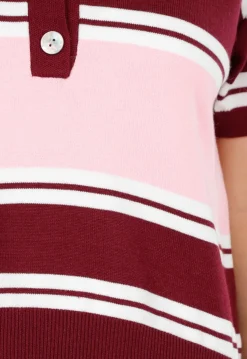 Roze en Bordeauxrode Gestreepte Polo Top met Korte Mouwen