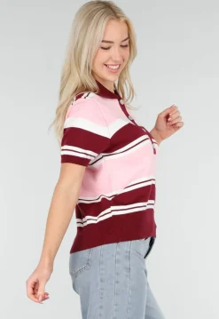 Roze en Bordeauxrode Gestreepte Polo Top met Korte Mouwen