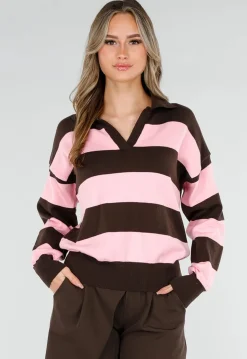 Roze en Bruin Gestreepte Polo Trui