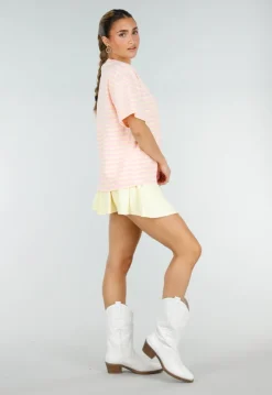 Roze en Geel Gestreept Oversized T-shirt met Korte Mouwen