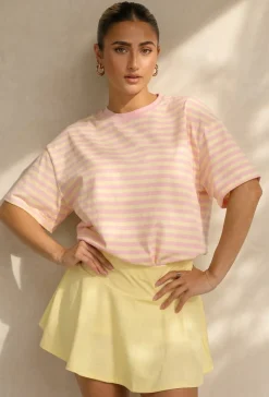 Roze en Geel Gestreept Oversized T-shirt met Korte Mouwen