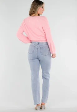 Roze Fijngebreid Overslag Vest met Strikdetail en Ballonmouwen