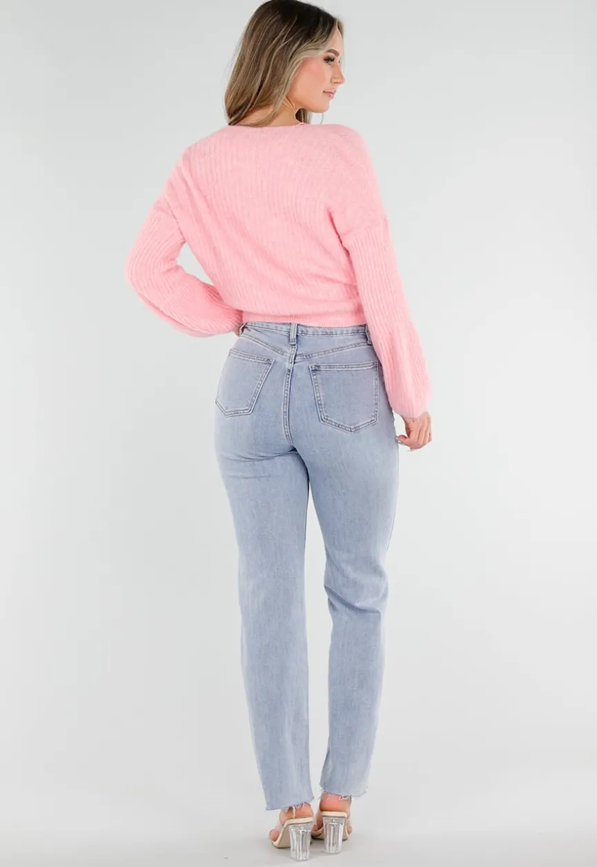Roze Fijngebreid Overslag Vest met Strikdetail en Ballonmouwen