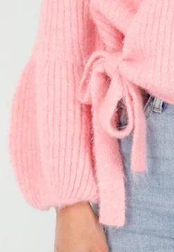 Roze Fijngebreid Overslag Vest met Strikdetail en Ballonmouwen