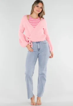 Roze Fijngebreid Overslag Vest met Strikdetail en Ballonmouwen