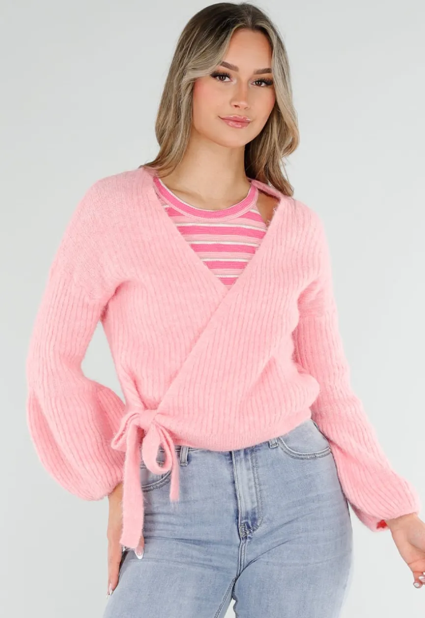 Roze Fijngebreid Overslag Vest met Strikdetail en Ballonmouwen