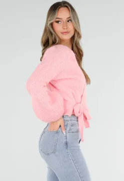 Roze Fijngebreid Overslag Vest met Strikdetail en Ballonmouwen